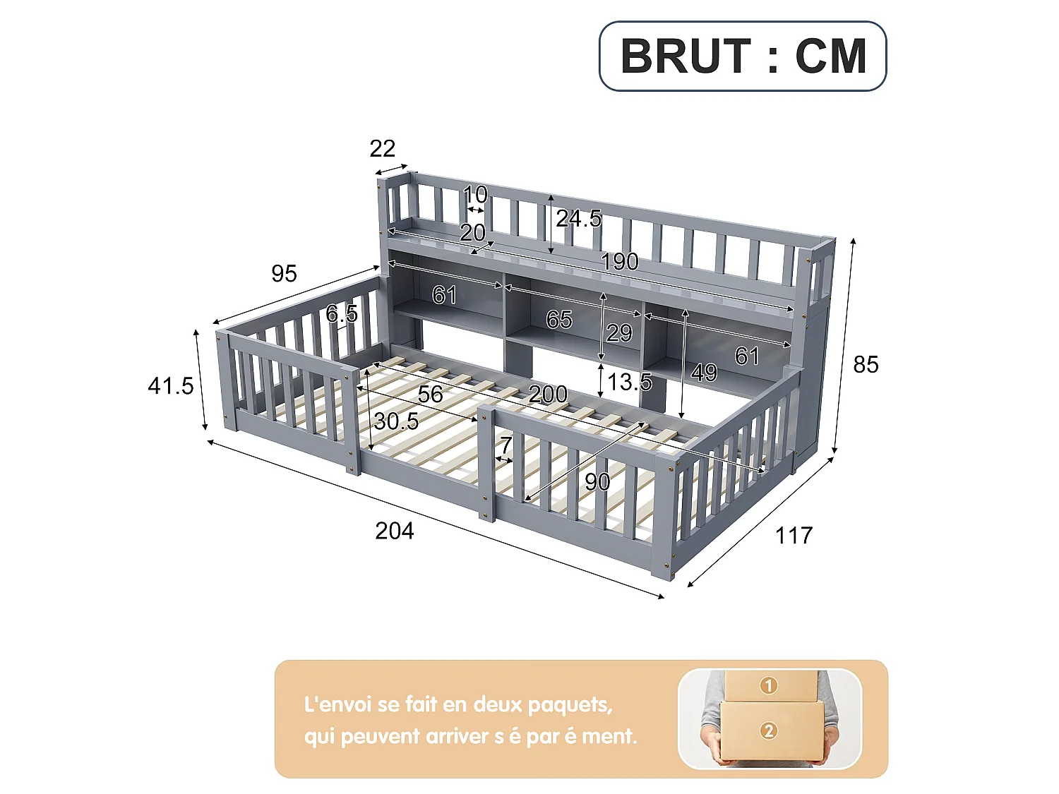 Lit Bas Enfant Montessori Gris 90x200Cm, Étagère, 3 Espaces De Rangement, Barrières Complètes, Support De Sommier