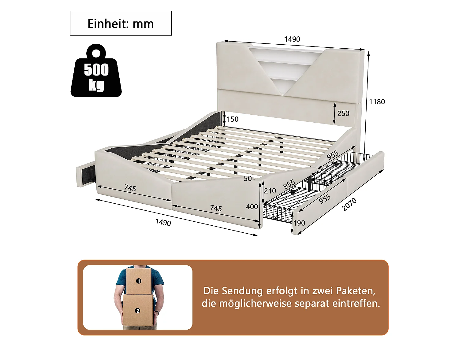 Cadre de lit 140 x 190 cm avec Sommier et 4 Tiroirs de Rangement,Lit 2 Personnes avec LED RGB,pour Adultes et Adolescents,Beige,Flanelle