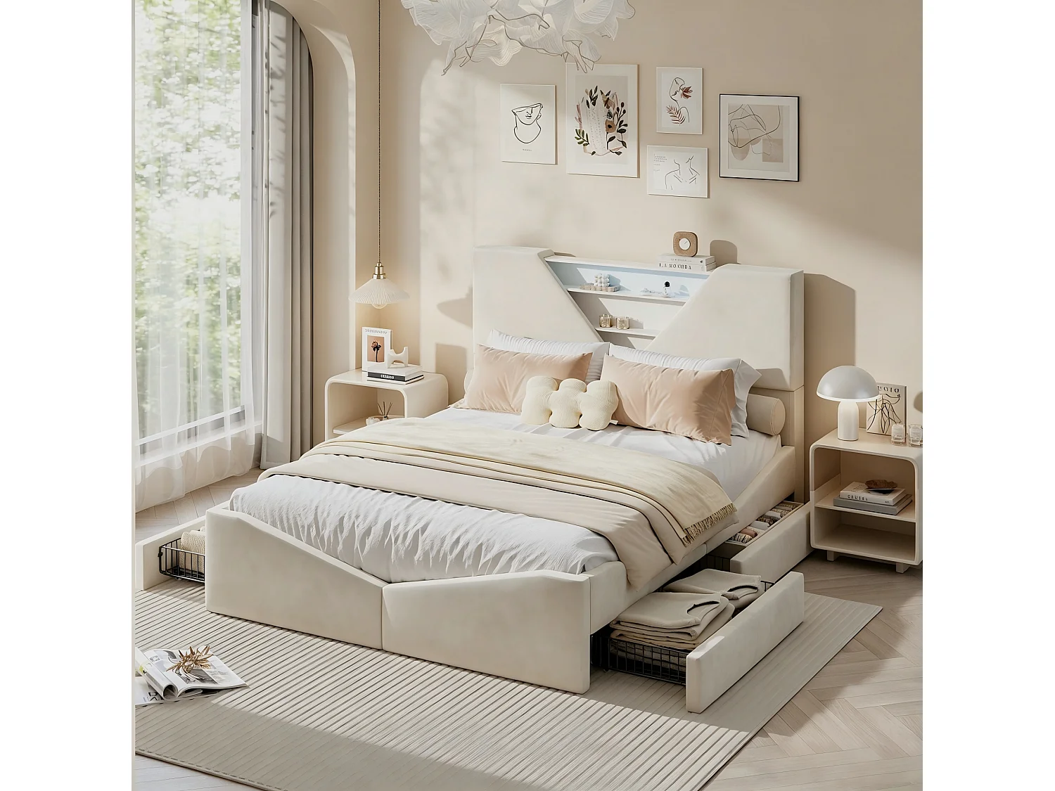 Cadre de lit 140 x 190 cm avec Sommier et 4 Tiroirs de Rangement,Lit 2 Personnes avec LED RGB,pour Adultes et Adolescents,Beige,Flanelle