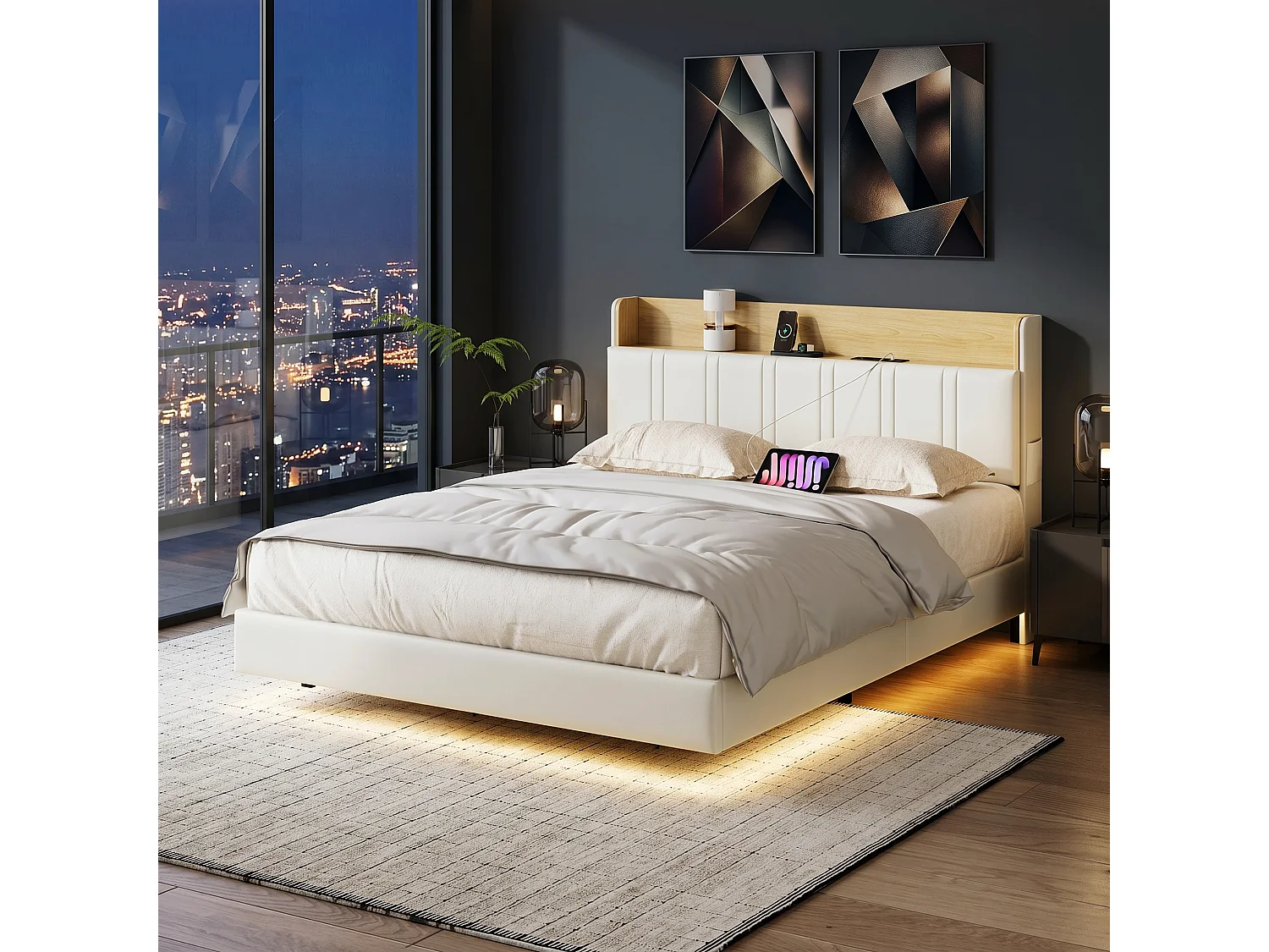 Cadre de lit 140 x 190 cm avec sommier, lit 2 Personnes Flottant avec lumières LED RGB,tête de lit rembourrée en PU avec étagères de Rangement,Blanc