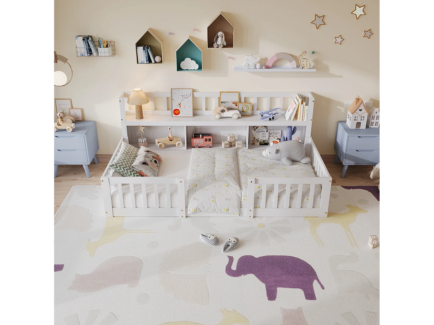Lit Enfant Montessori 90x200Cm, Avec Étagère, 3 Espaces De Rangement, Barrières Complètes, Cadre À Lattes, Blanc