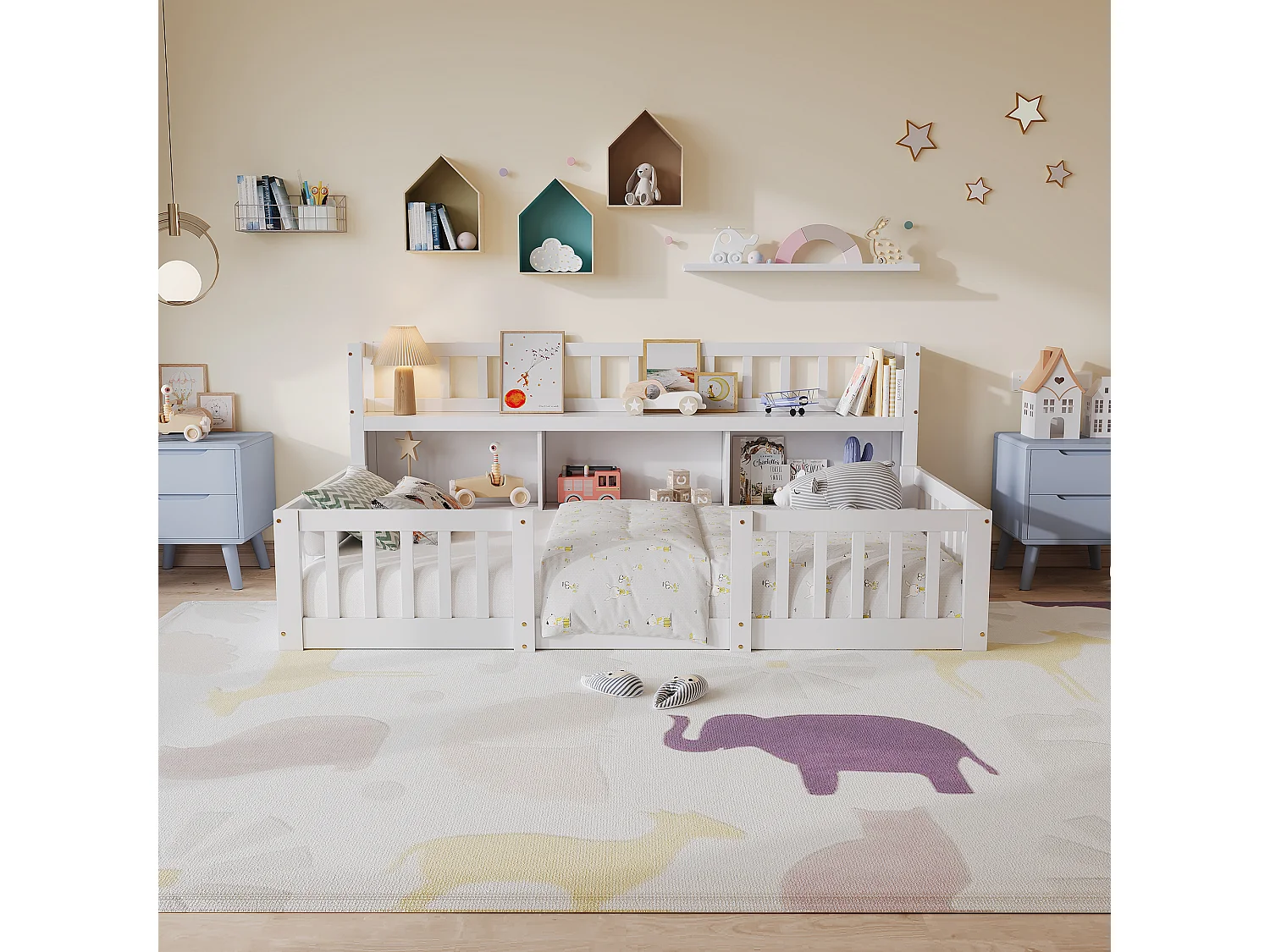 Lit Enfant Montessori 90x200Cm, Avec Étagère, 3 Espaces De Rangement, Barrières Complètes, Cadre À Lattes, Blanc