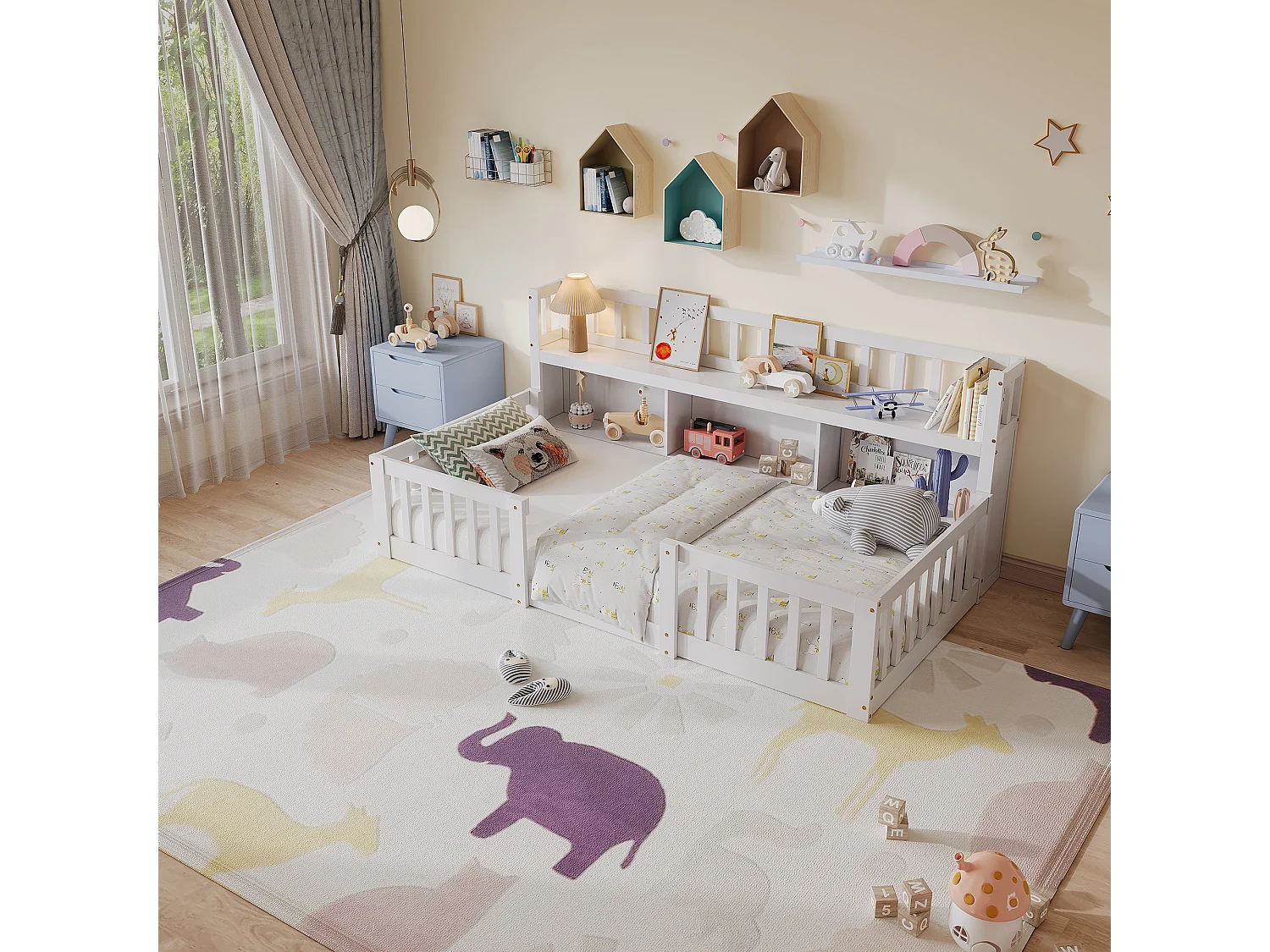 Lit Enfant Montessori 90x200Cm, Avec Étagère, 3 Espaces De Rangement, Barrières Complètes, Cadre À Lattes, Blanc