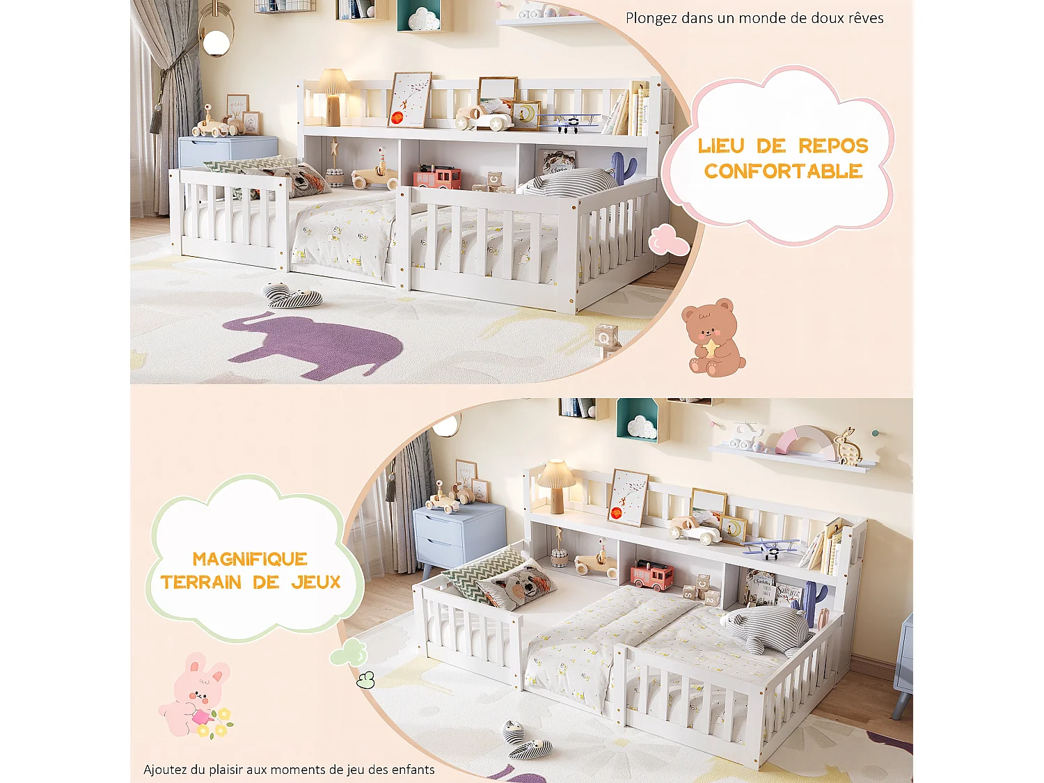 Lit Enfant Montessori 90x200Cm, Avec Étagère, 3 Espaces De Rangement, Barrières Complètes, Cadre À Lattes, Blanc