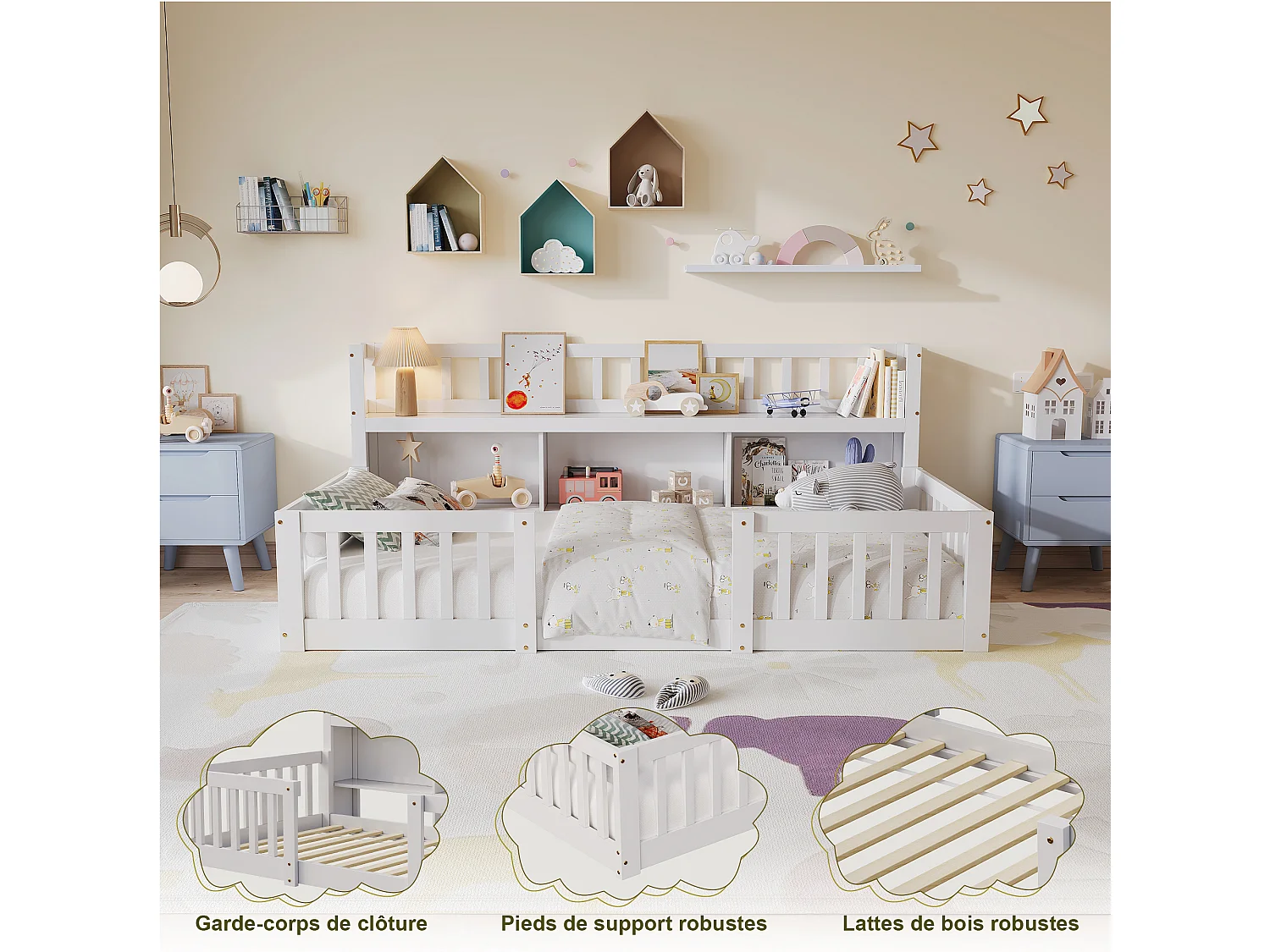 Lit Enfant Montessori 90x200Cm, Avec Étagère, 3 Espaces De Rangement, Barrières Complètes, Cadre À Lattes, Blanc