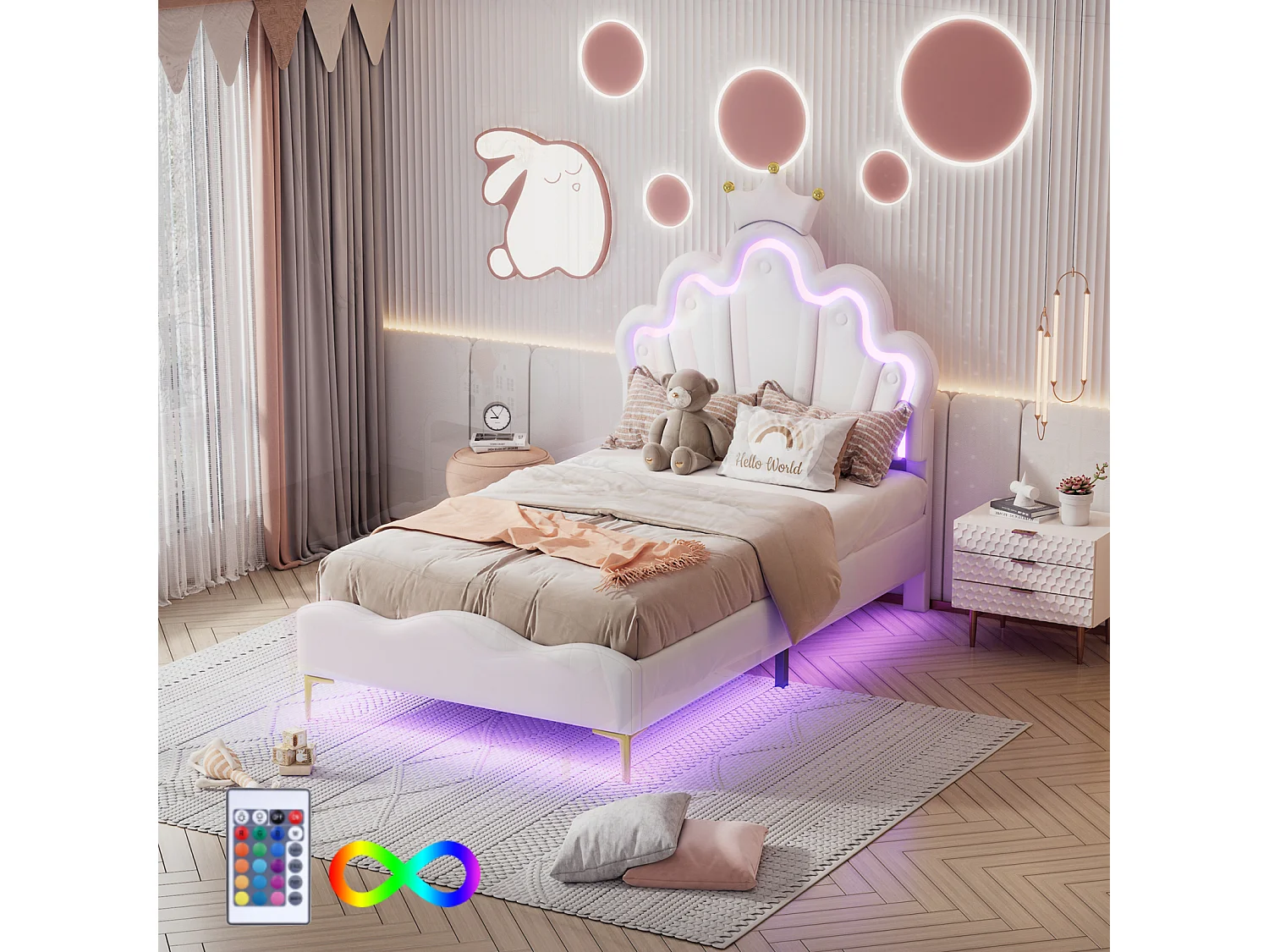 Lit double plat 90 x 200 cm, lit princesse en forme de couronne, revêtement en similicuir souple, bande lumineuse LED d'ambiance réglable, blanc