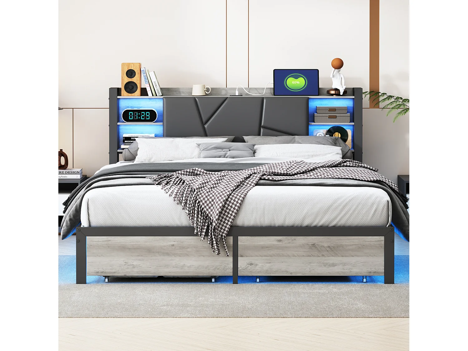 Sommier 140x200 cm avec Lattes en Métal,Cadre & Tête de Lit 2 Personnes en Bambou & Acier Robuste,Hauteur 22 cm pour Rangement,2 Tiroirs,Noir&Gris