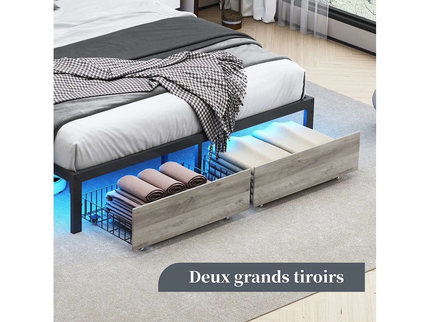 Sommier 140x200 cm avec Lattes en Métal,Cadre & Tête de Lit 2 Personnes en Bambou & Acier Robuste,Hauteur 22 cm pour Rangement,2 Tiroirs,Noir&Gris