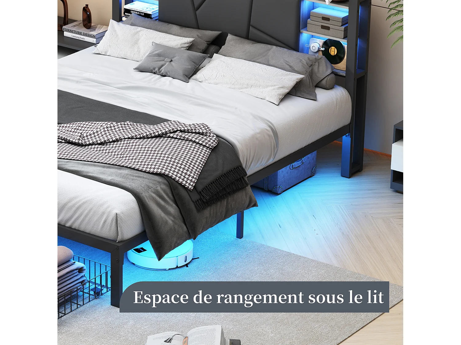 Sommier 140x200 cm avec Lattes en Métal,Cadre & Tête de Lit 2 Personnes en Bambou & Acier Robuste,Hauteur 22 cm pour Rangement,2 Tiroirs,Noir&Gris