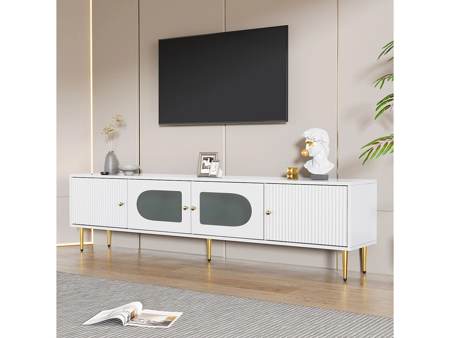 Meuble TV 170/35/50 cm avec portes à rainures, portes en verre cintré, passe-câbles Panneau de particules blanc