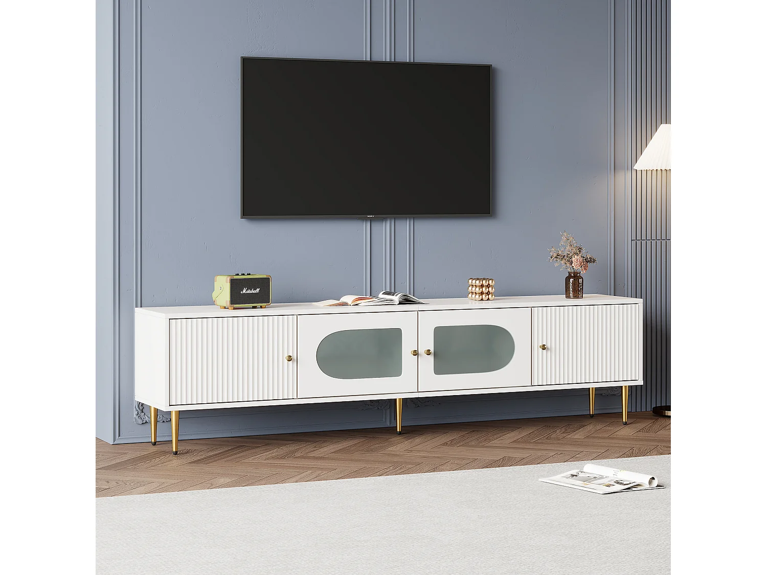 Meuble TV 170/35/50 cm avec portes à rainures, portes en verre cintré, passe-câbles Panneau de particules blanc
