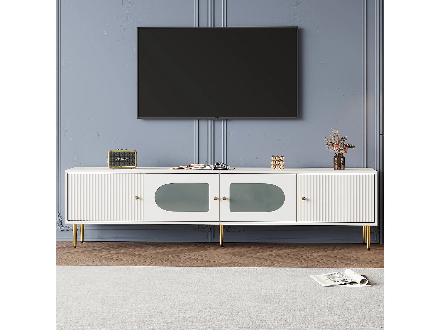 Meuble TV 170/35/50 cm avec portes à rainures, portes en verre cintré, passe-câbles Panneau de particules blanc