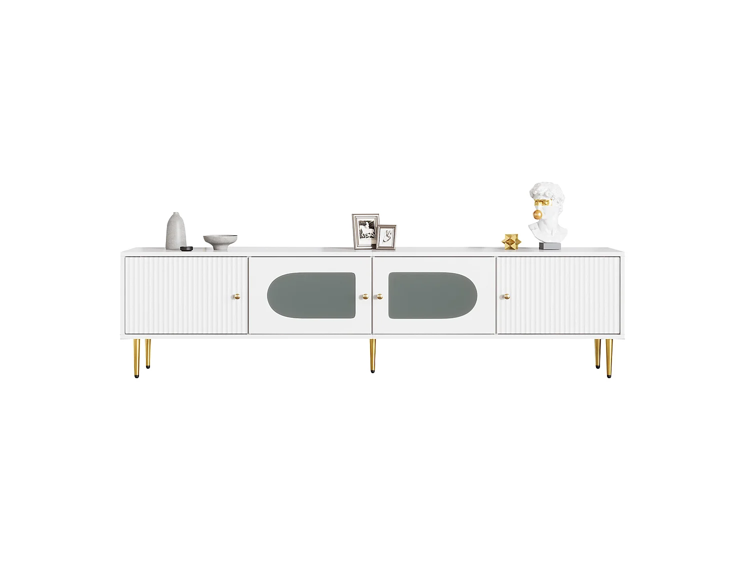 Meuble TV 170/35/50 cm avec portes à rainures, portes en verre cintré, passe-câbles Panneau de particules blanc