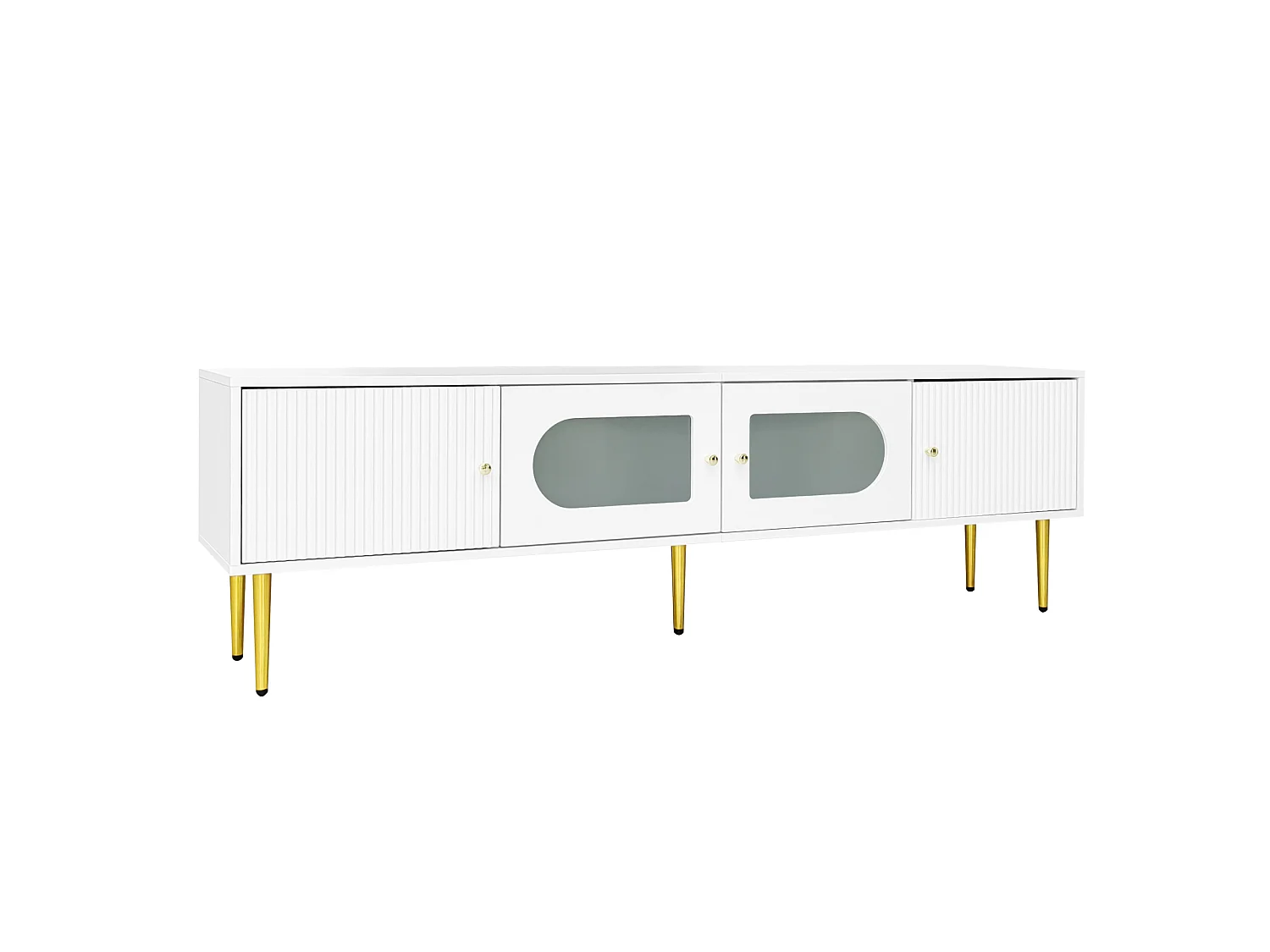 Meuble TV 170/35/50 cm avec portes à rainures, portes en verre cintré, passe-câbles Panneau de particules blanc