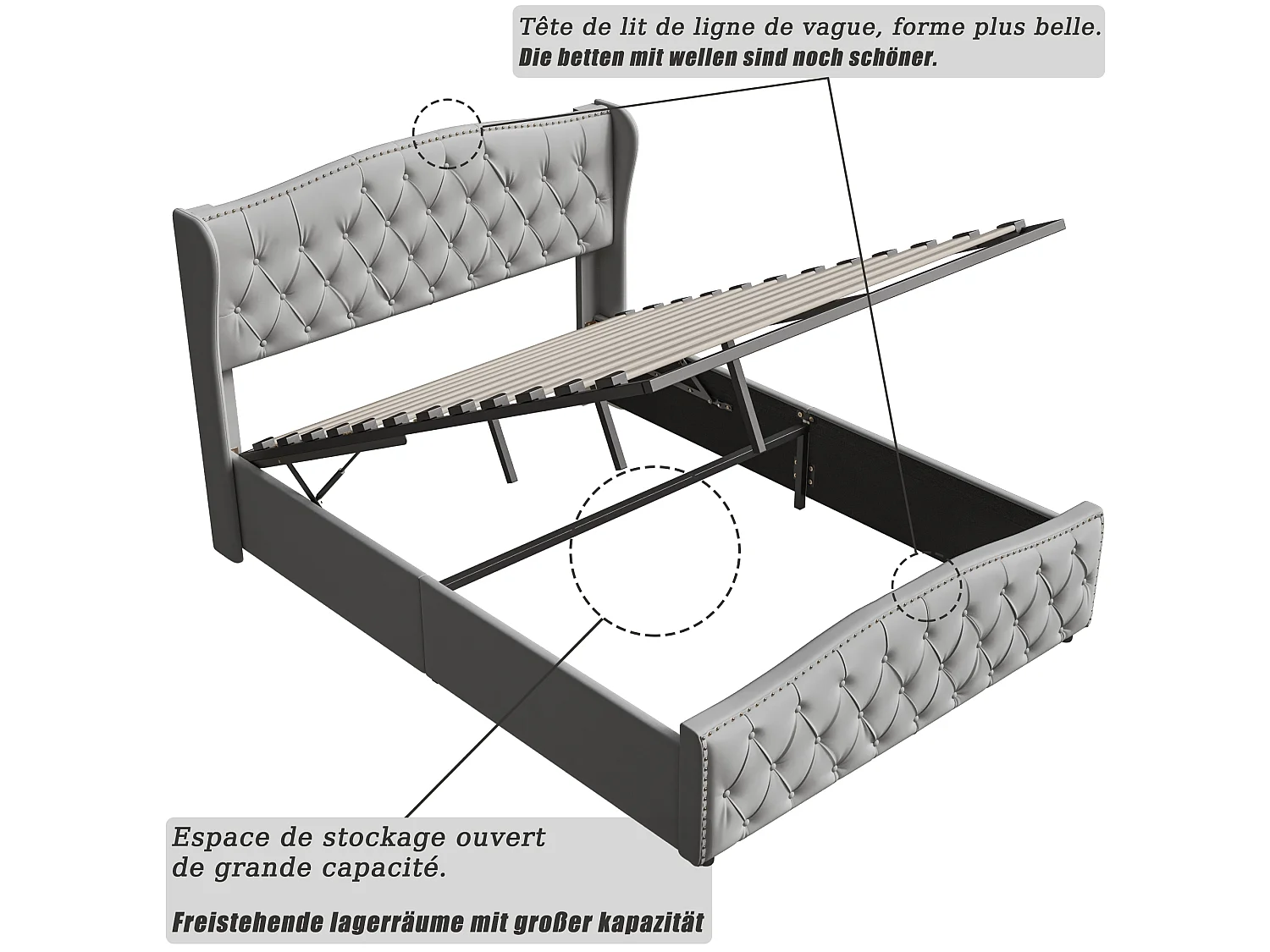 Lit Double 140x190 cm,lit 2 Personnes avec Rangement Hydraulique,Sommier à Lattes,Gris,Flanelle