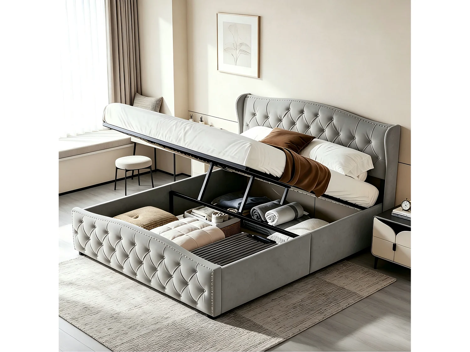 Lit Double 140x190 cm,lit 2 Personnes avec Rangement Hydraulique,Sommier à Lattes,Gris,Flanelle