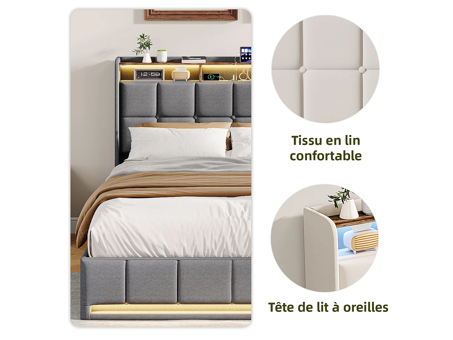 Lit Double 140x190 cm avec Sommier,Lit Hydraulique avec LED et USB,pour Adultes et Adolescents,Gris,Lin