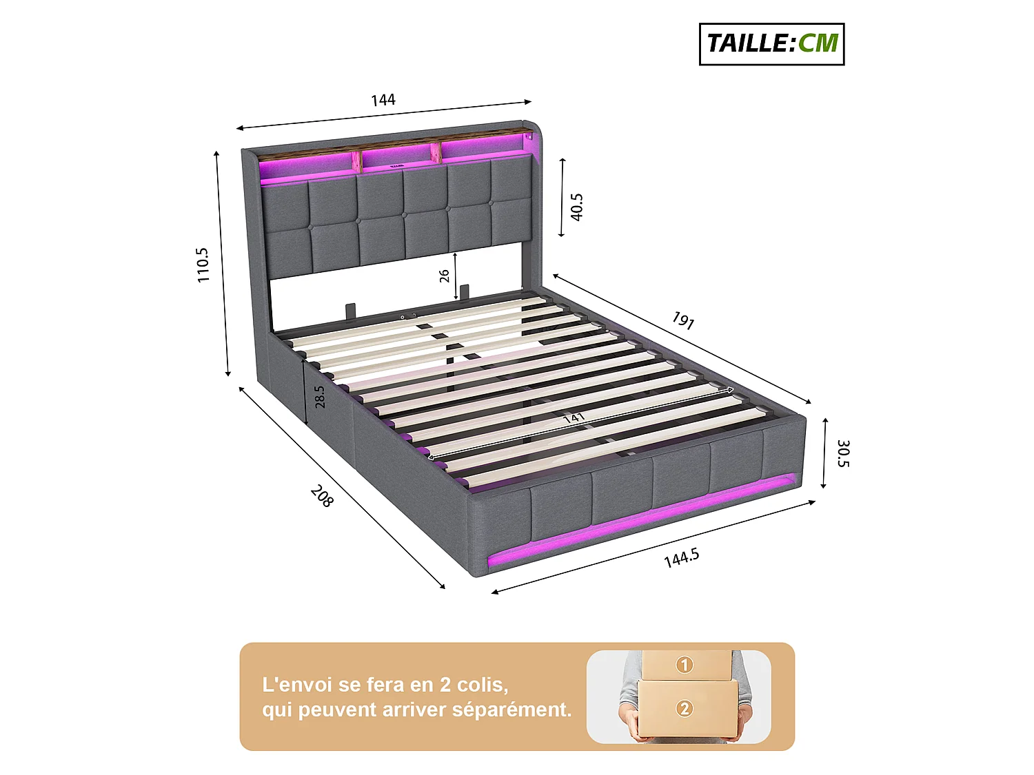 Lit Double 140x190 cm avec Sommier,Lit Hydraulique avec LED et USB,pour Adultes et Adolescents,Gris,Lin