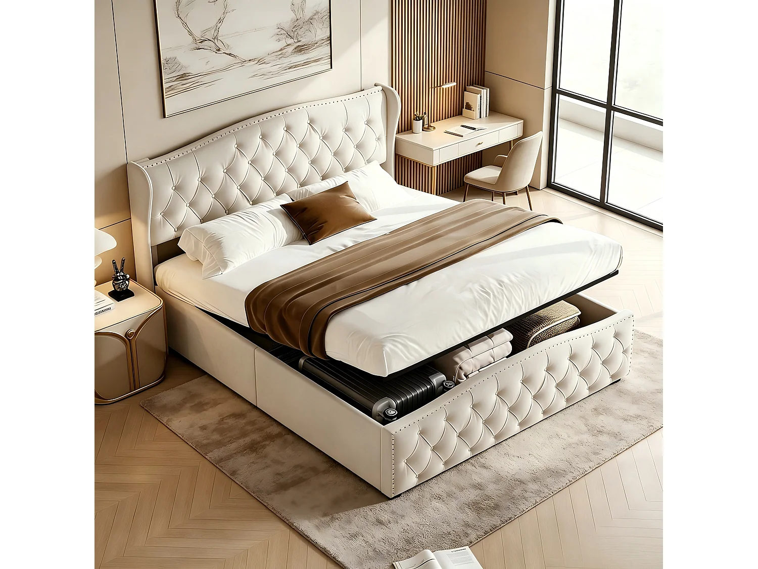 Lit Coffre 140x190 cm,lit 2 Personnes avec Rangement Hydraulique,Sommier à Lattes,Beige,Flanelle