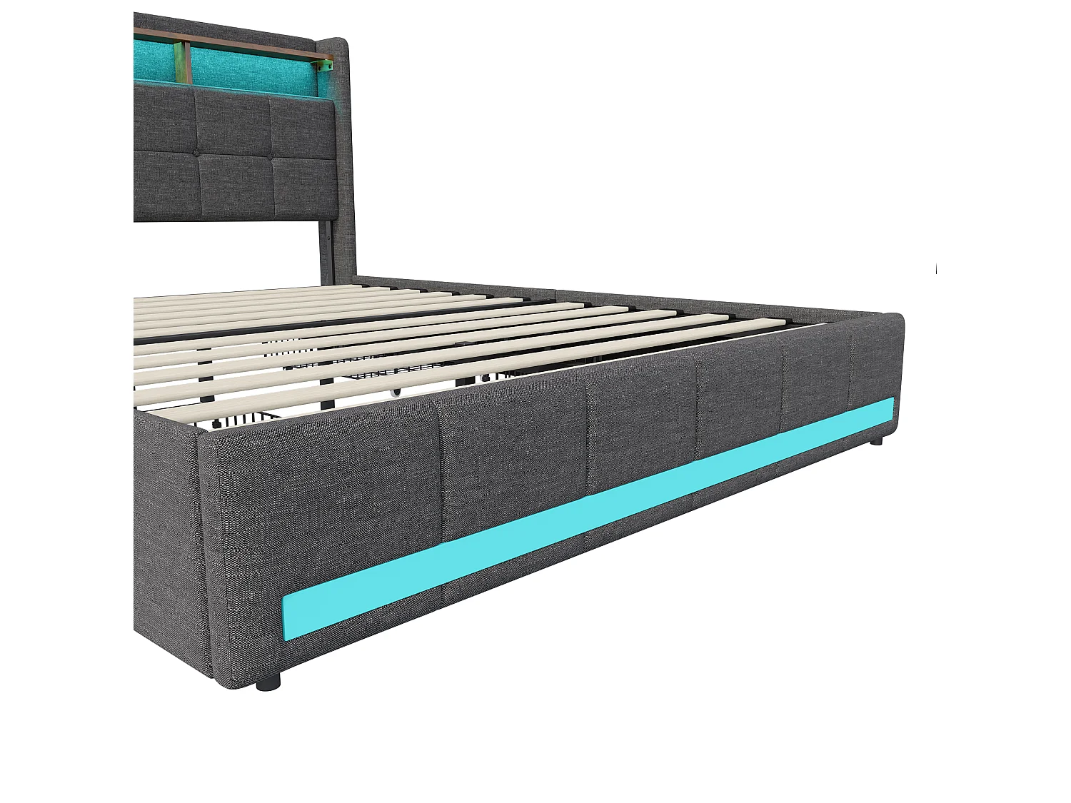 Lit Coffre 140x190cm avec Sommier et LED RGB, Lit Double,Rangement Hydraulique et Fond Anti-Poussière,Beige,Lin