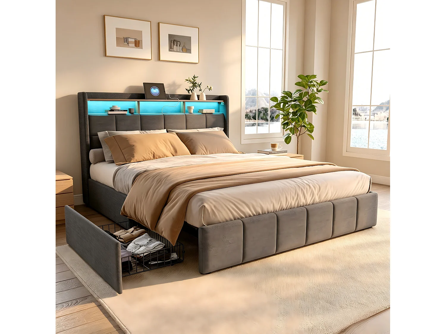 Lit Coffre 140x190cm avec Sommier et LED RGB, Lit Double,Rangement Hydraulique et Fond Anti-Poussière,Beige,Lin