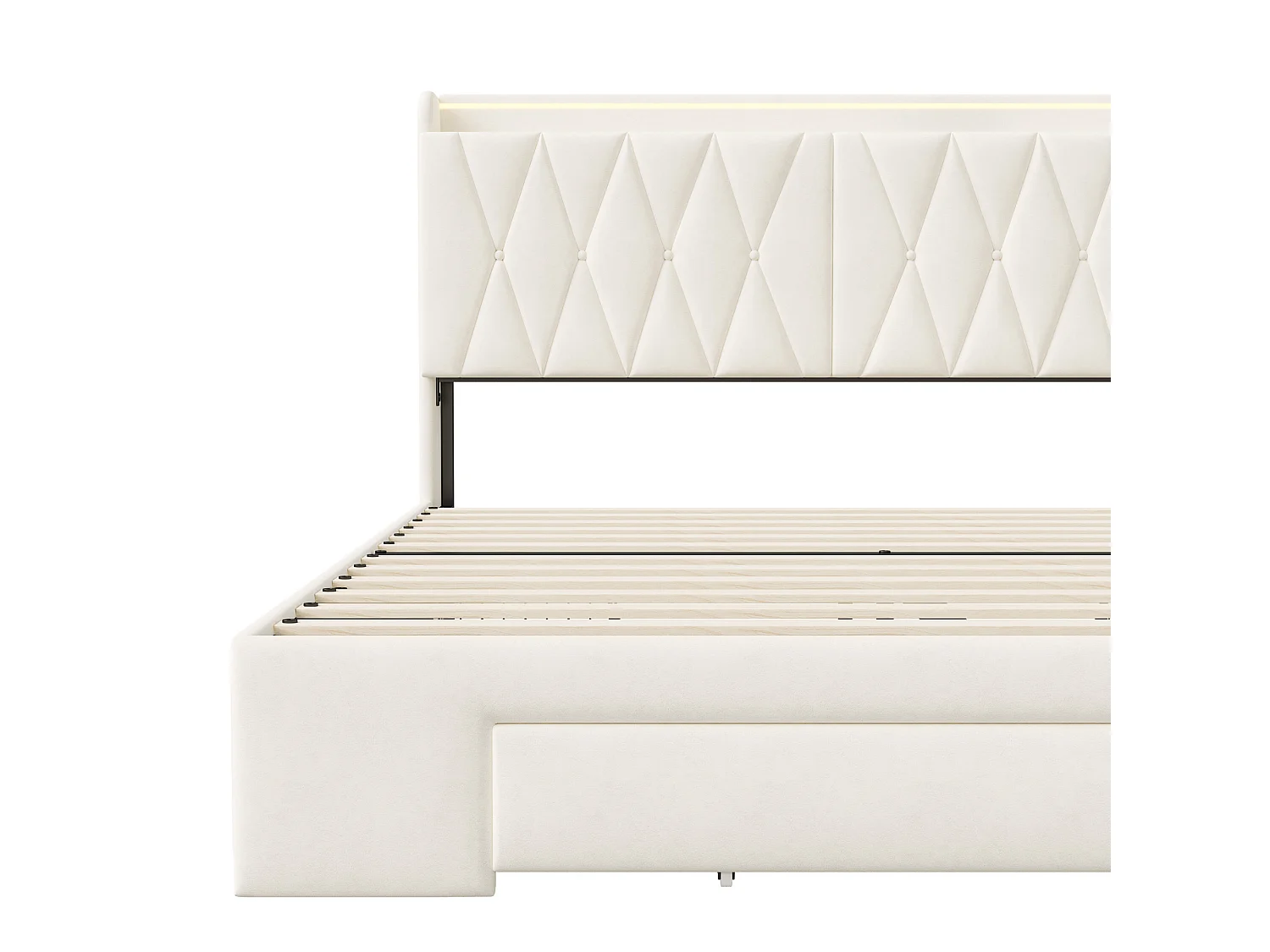 Lit Coffre 140x190 à LED, Lit avec  3 Tiroirs et Étagères Ouvertes et Rangement, lit 2 Personnes avec Lattes,Beige,Flanelle