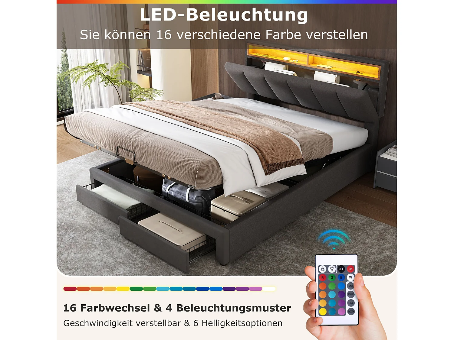 Lit Coffre 140x190 à LED, Lit Hydraulique avec Étagères Ouvertes et Rangement Caché en Tête de Lit Capitonné, lit 2 Personnes,Lin,Gris