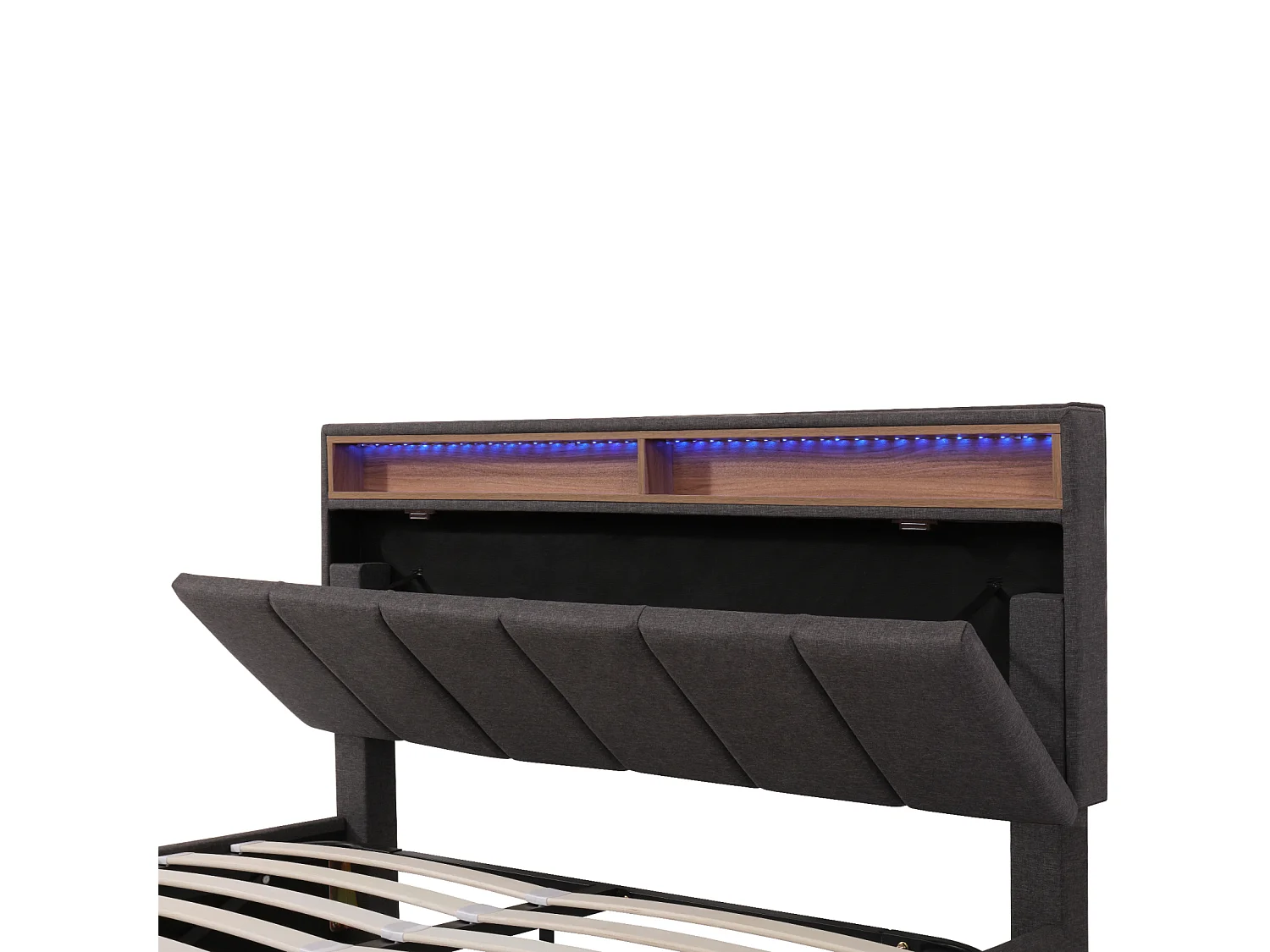 Lit Coffre 140x190 à LED, Lit Hydraulique avec Étagères Ouvertes et Rangement Caché en Tête de Lit Capitonné, lit 2 Personnes,Lin,Gris