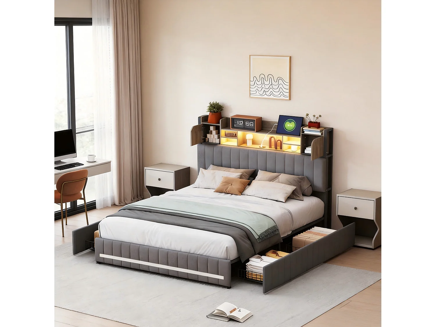 Lit Coffre 140x190 avec Ports USB, TêTe De Lit RembourréE avec éTagèRes Ouvertes Et Rangement Caché, Lit 2 Places avec 4 Tiroirs, Lattes,Gris,Lin