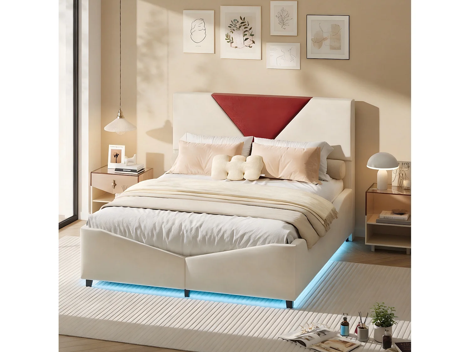 Lit 140X190, Lits Double avec LED,Lit avec Rangement Hydraulique,pour Adultes et Adolescents,Beige,Flanelle