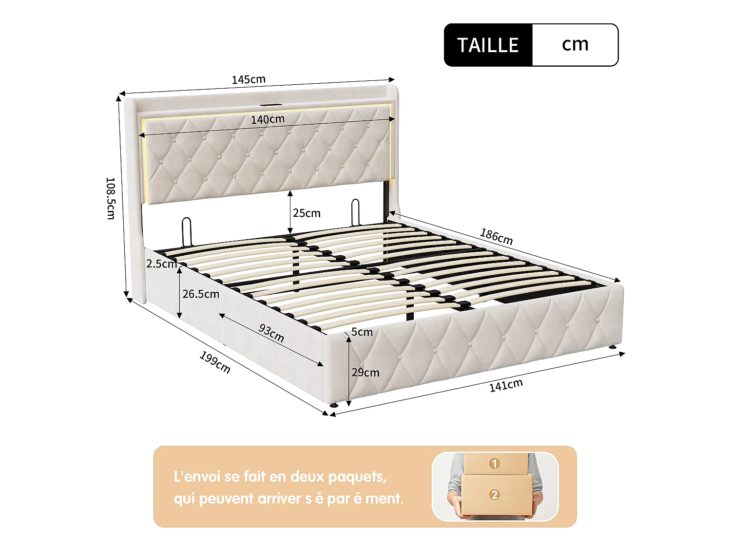 Lit Coffre 140x190 à LED, Lits Hydraulique avec Multiprise,Lits Double avec Rangement,Lattes en Bois,Beige,Flanelle