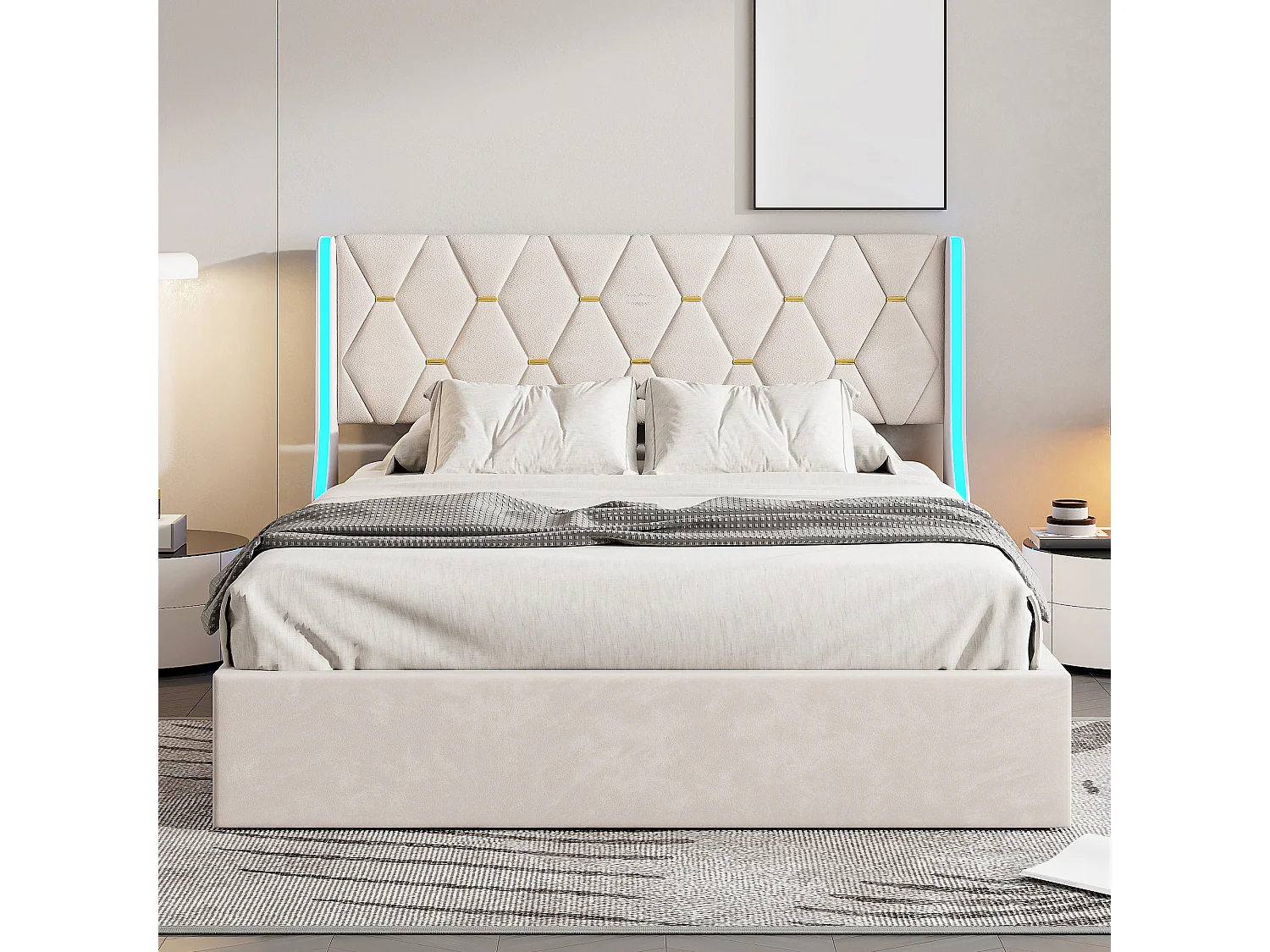 Lit Coffre 140x190cm avec Sommier et LED RGB, Lit Double,Rangement Hydraulique et Fond Anti-Poussière,Beige,Velours