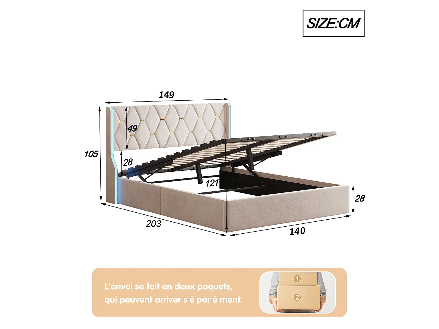 Lit Coffre 140x190cm avec Sommier et LED RGB, Lit Double,Rangement Hydraulique et Fond Anti-Poussière,Beige,Velours