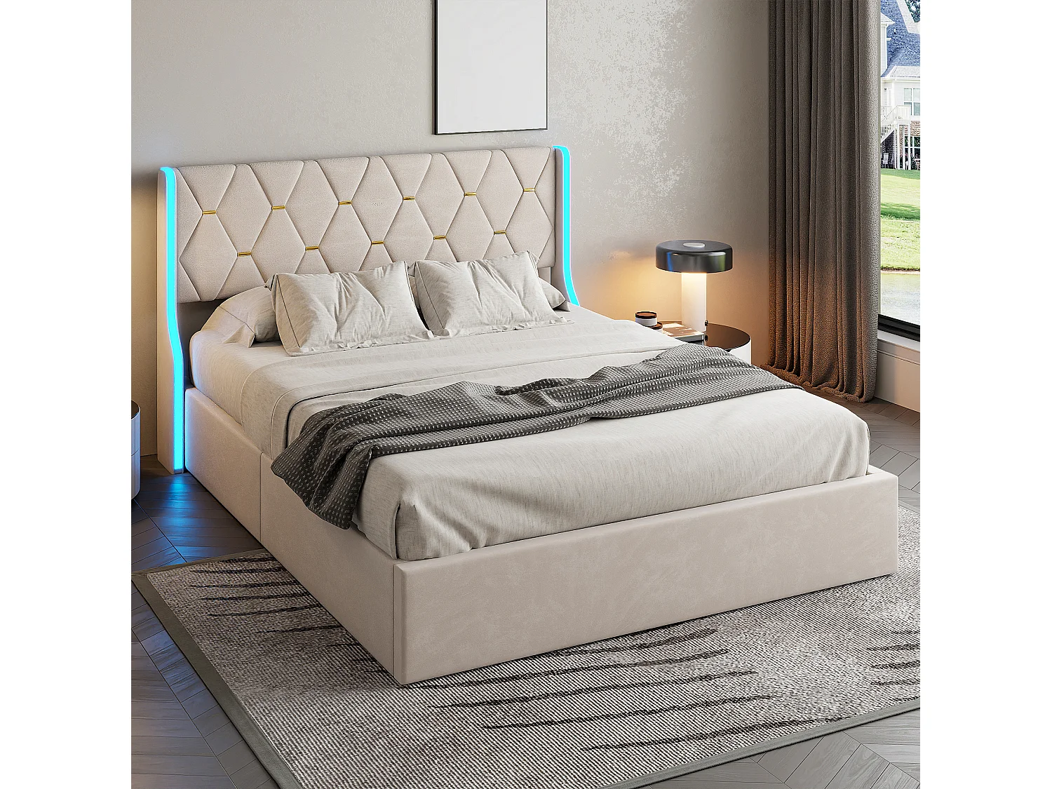 Lit Coffre 140x190cm avec Sommier et LED RGB, Lit Double,Rangement Hydraulique et Fond Anti-Poussière,Beige,Velours