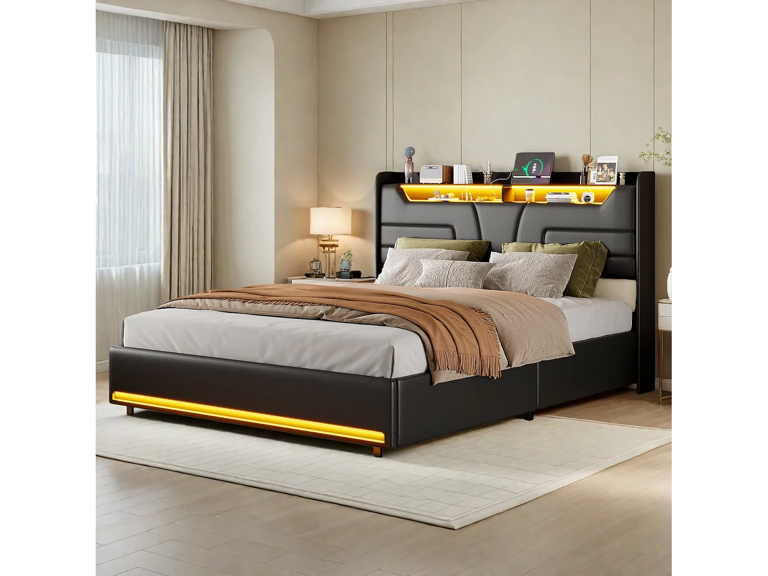 Lit Coffre 140x190 CM avec LED et Ports USB,lit 2 Personnes avec Tête de Lit capitonné et Rangement, Lattes en Bois,PU,Noir