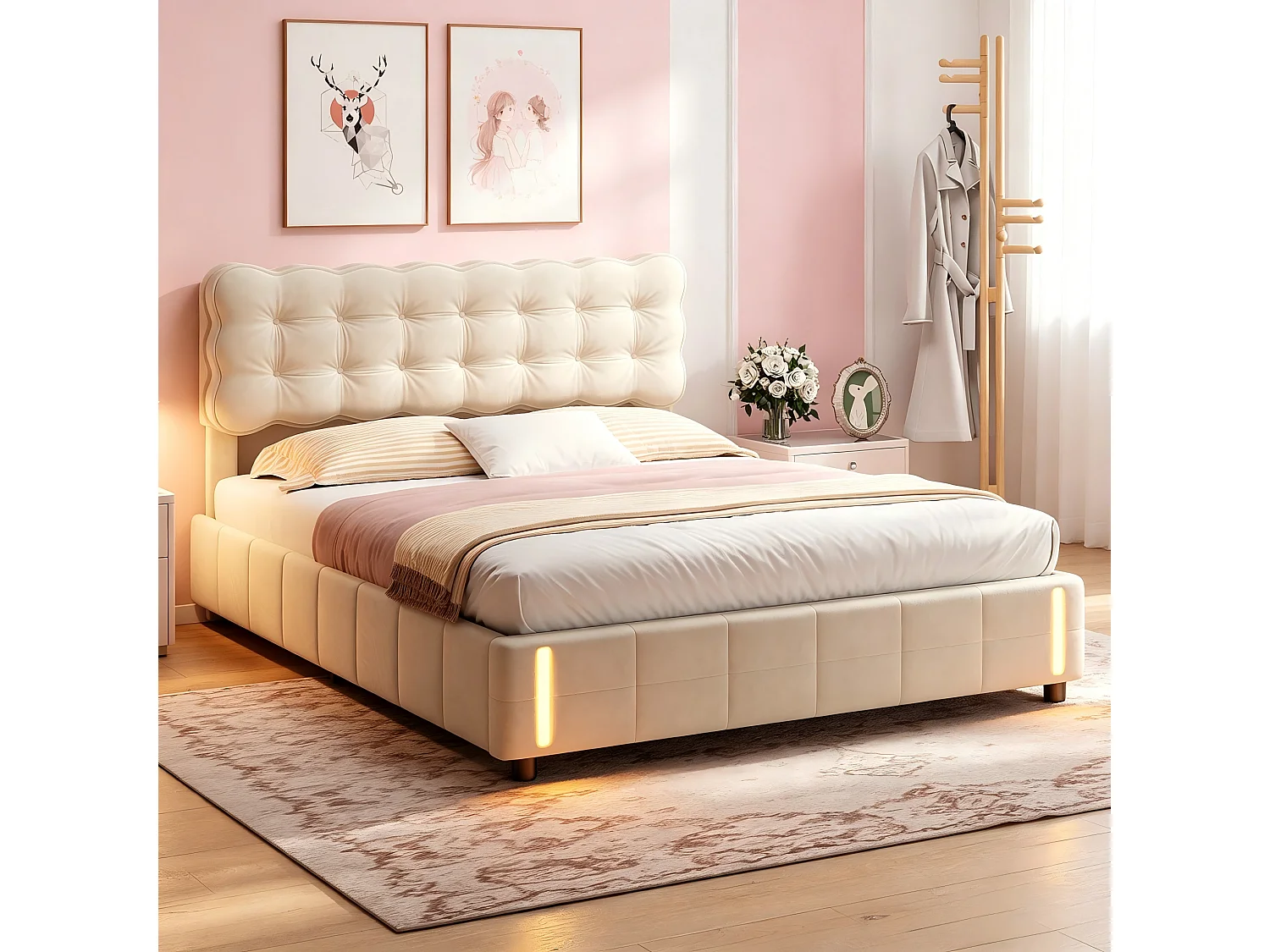 Lit Coffre 140x190cm avec LED,Lit avec Rangement Hydraulique,Tête de Lit Capitonnée Style Nuage,Convient aux chambres de Filles,Flanelle,Beige