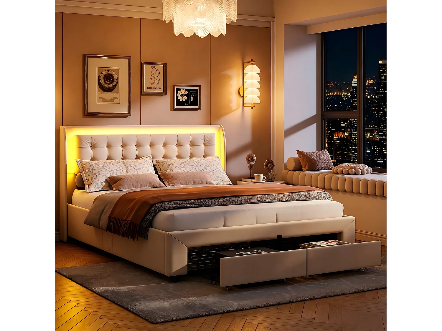 Lit Double, 140x190cm lit 2 Personnes aver Rangement Hydraulique, 2 Tiroirs, Lit de Chambre,Velours Beige