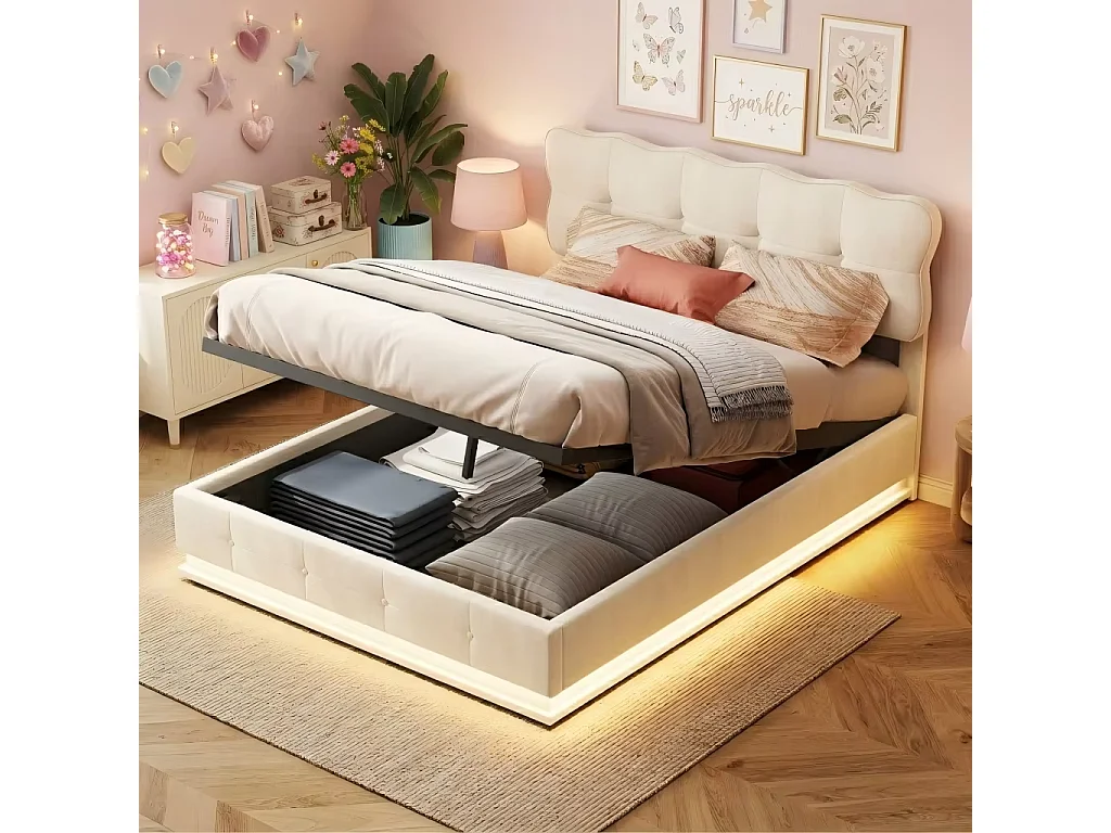 Lit Coffre 140x190cm avec LED, Lit Double Rembourré en Velours Beige avec Sommier à Lattes,Cadre de Lit Capitonné pour Chambre des Filles