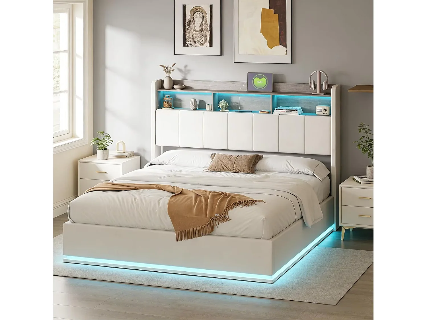 Lit Coffre 140x190cm avec Lumières LED et Prise,Lit avec Rangement Hydraulique,lits 2 Personnes en avec Rangement Tête de lit,Beige,Flanelle