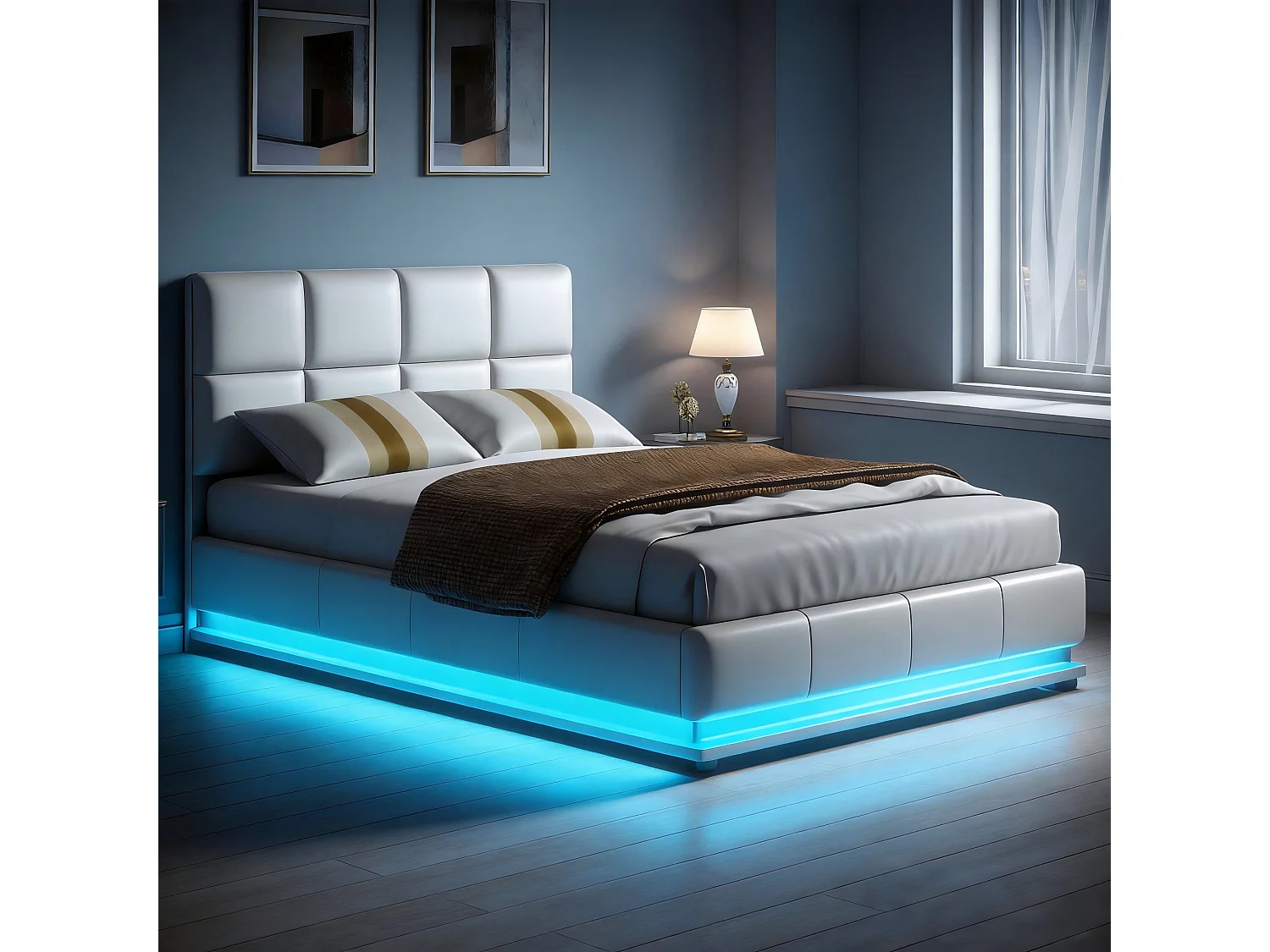Lit Coffre 140 x 190 cm, Cadre de Lit, 2 Personnes, Sommier Relevable, avec Rangement, Système Hydraulique,Blanc,PU