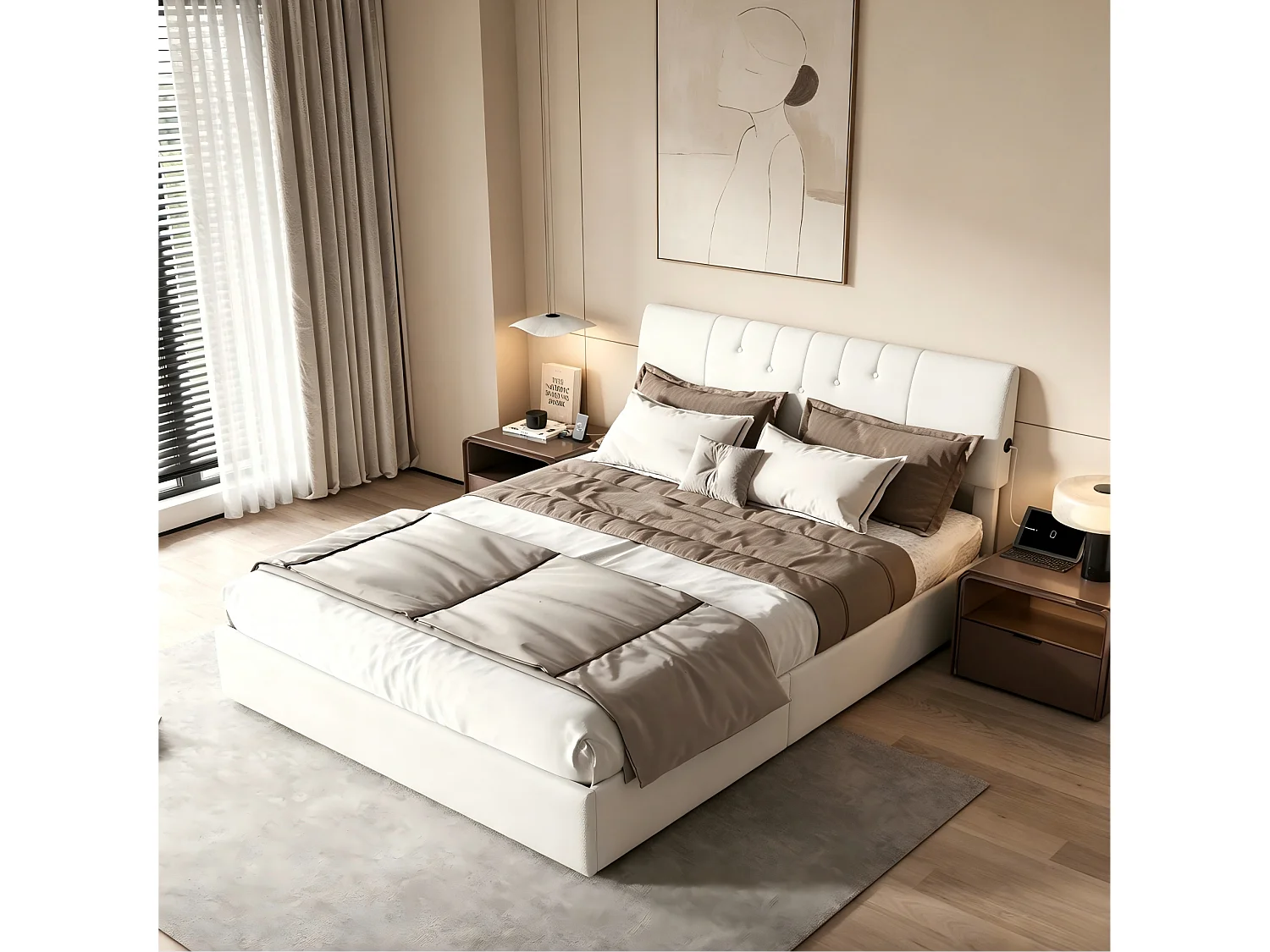 Lit Coffre 140x190 cm avec Station de Charge USB, Lit Double Rembourré avec Sommier à Lattes,Blanc,Peluche