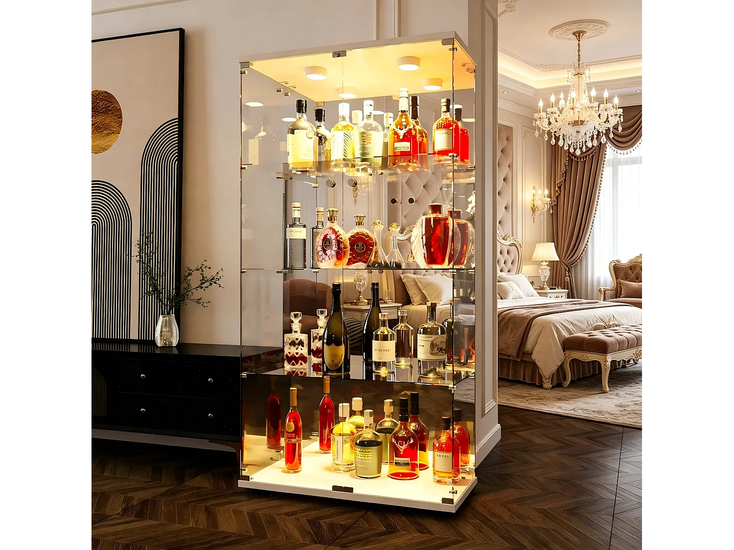 Vitrine en verre trempé à 4 niveaux avec serrure, double porte, idéale pour le salon ou le bureau, blanche, 80,49 x 36,49 x 163,9 cm