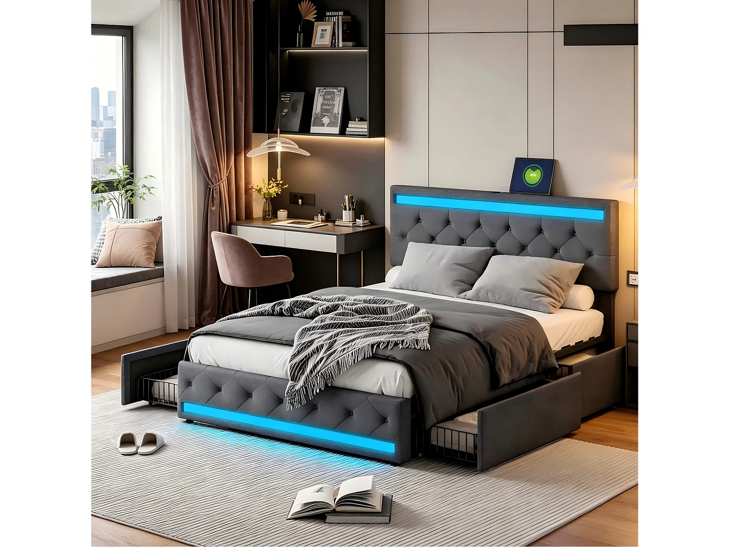 Lit Coffre 140x190cm avec Éclairage LED et Port USB,Hauteur de la tête de lit réglable,pour Adultes et Adolescents,Lin,Gris