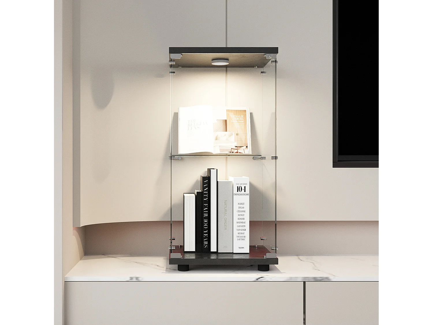 Vitrine D’exposition Une Porte 2 Étagères Verre Trempé, Éclairage LED, Socle Noir, Rangement Figurine Déco,40,4×36,5×86,2cm