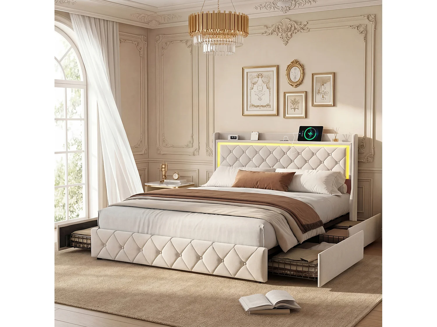 Lit Coffre 140x190cm avec LED et USB, Lit Double Rembourré en Velours Beige avec Sommier à Lattes,Cadre de Lit pour Adultes et Adolescents