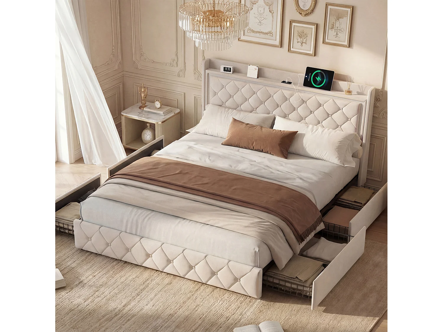 Lit Coffre 140x190cm avec LED et USB, Lit Double Rembourré en Velours Beige avec Sommier à Lattes,Cadre de Lit pour Adultes et Adolescents