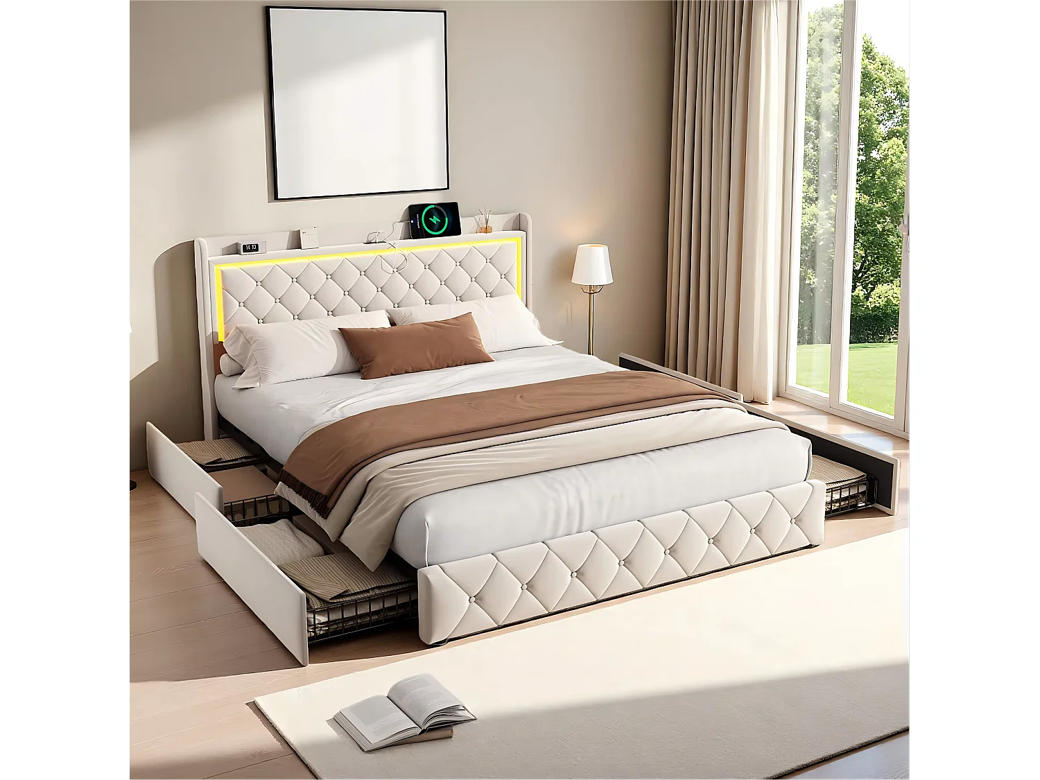 Lit Coffre 140x190cm avec LED et USB, Lit Double Rembourré en Velours Beige avec Sommier à Lattes,Cadre de Lit pour Adultes et Adolescents