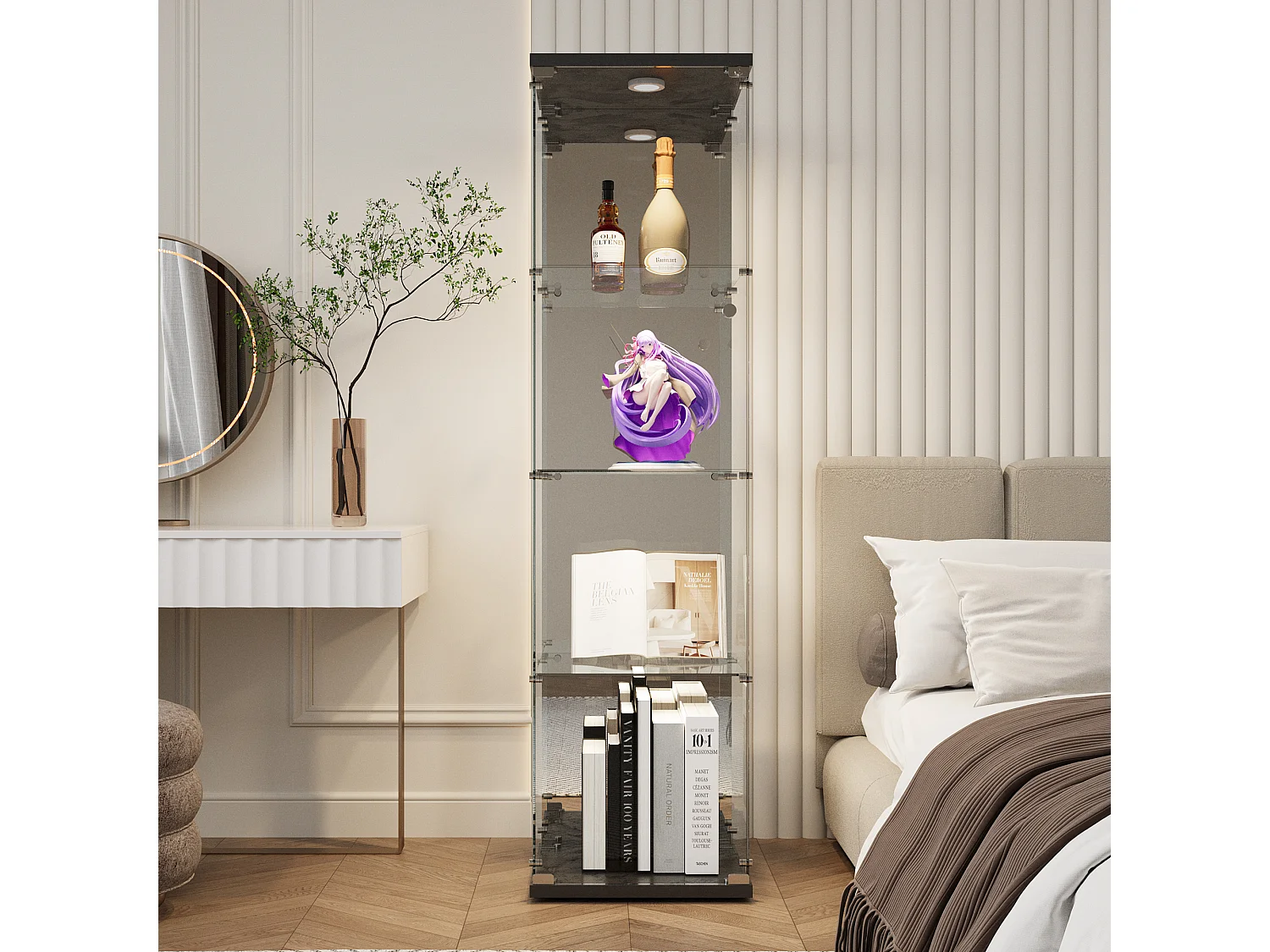 Vitrine D’exposition Une Porte Fond Miroir,4 Étagères Verre Trempé + Éclairage LED, Couleur Noire, Rangement Collection Salon/Chambre,42,5×36,5×164cm