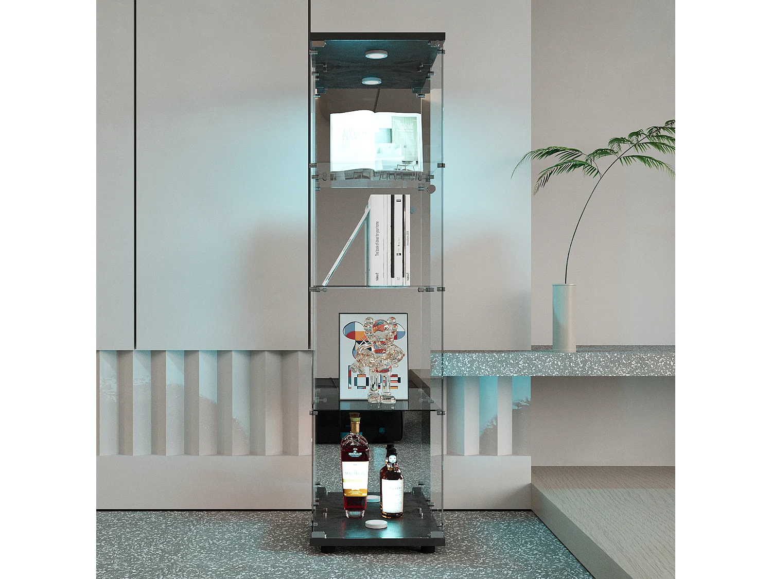 Vitrine D’exposition Une Porte Fond Miroir,4 Étagères Verre Trempé + Éclairage LED, Couleur Noire, Rangement Collection Salon/Chambre,42,5×36,5×164cm