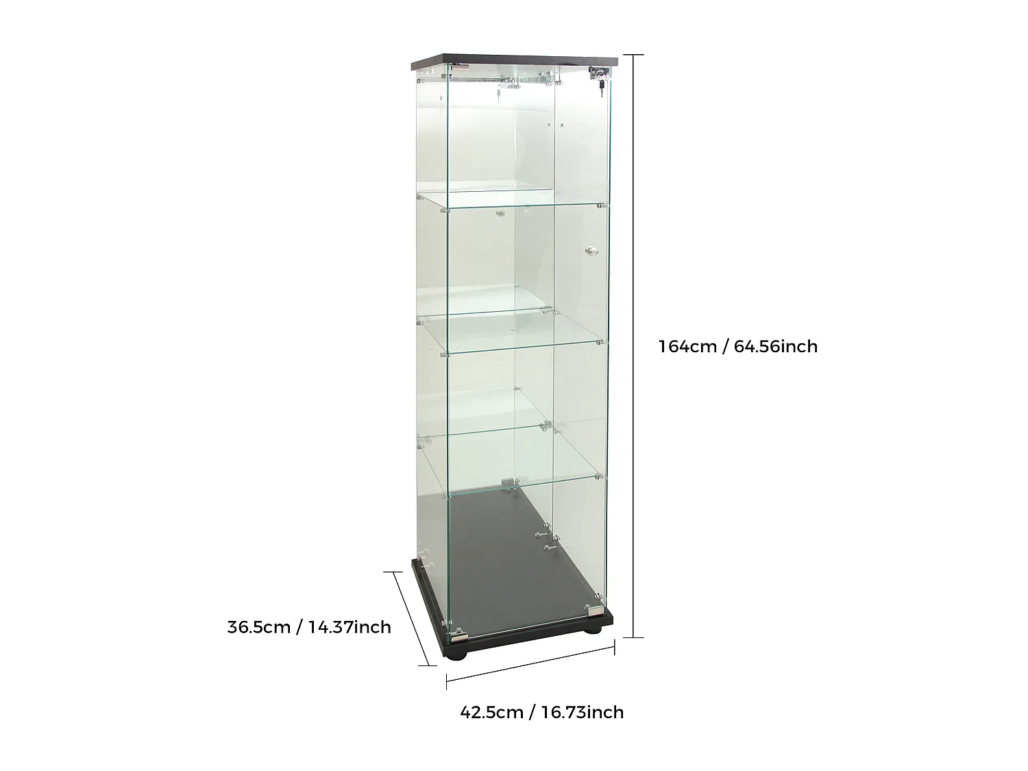 Vitrine D’exposition Une Porte Fond Miroir,4 Étagères Verre Trempé + Éclairage LED, Couleur Noire, Rangement Collection Salon/Chambre,42,5×36,5×164cm